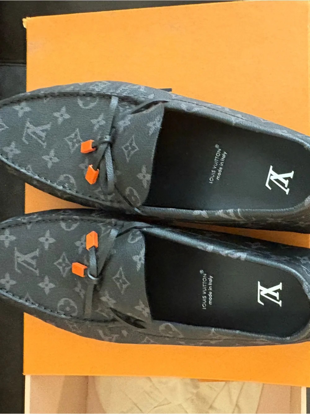 Louis Vuitton Black Monogram Driving Moccasins with Orange Accents